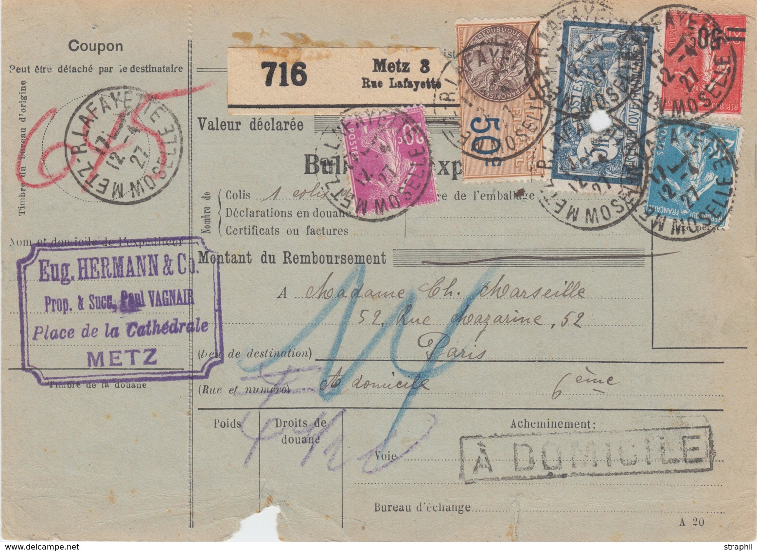 BE BULLETINS D'EXPEDITION - BE - De METZ - Pr Paris - 12/4/27 - Afft N°123, 140, 190, 220 + Fiscal - TB - Lettres & Documents