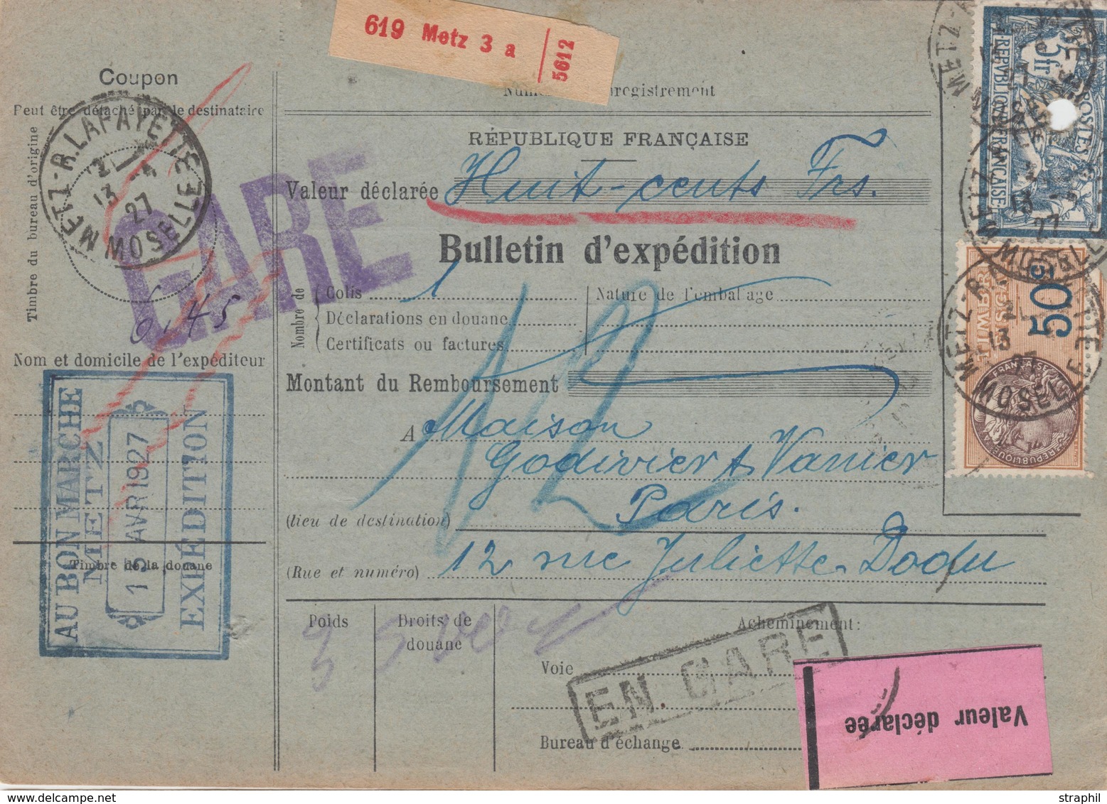 BE BULLETINS D'EXPEDITION - BE - De METZ -  à Paris - 13/4/27 - Afft N°123, 190,197 + Fiscal - TB - Briefe U. Dokumente