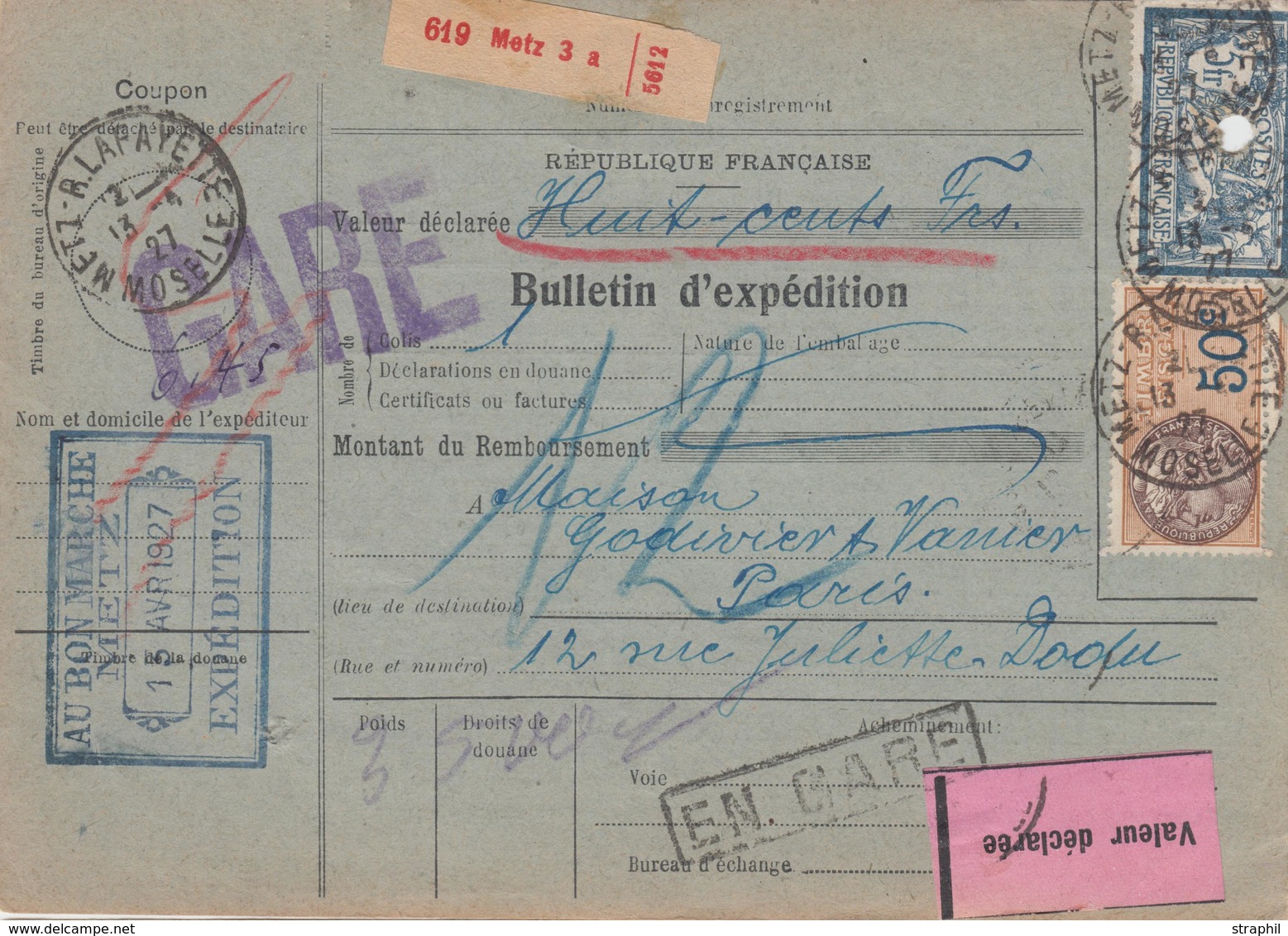 BE BULLETINS D'EXPEDITION - BE - De METZ -  à Paris - 13/4/27 - Afft N°123, 190,197 + Fiscal - TB - Lettres & Documents