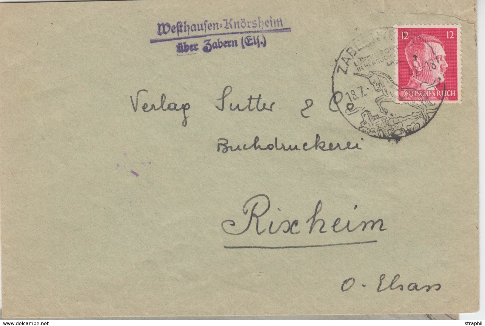 L POSTE AUTOMOBILE - L - 12pfg - Cachet Illustré - Zabern - 18/7/42 - Cachet Westhausen Knörsheim - TB - Lettres & Documents