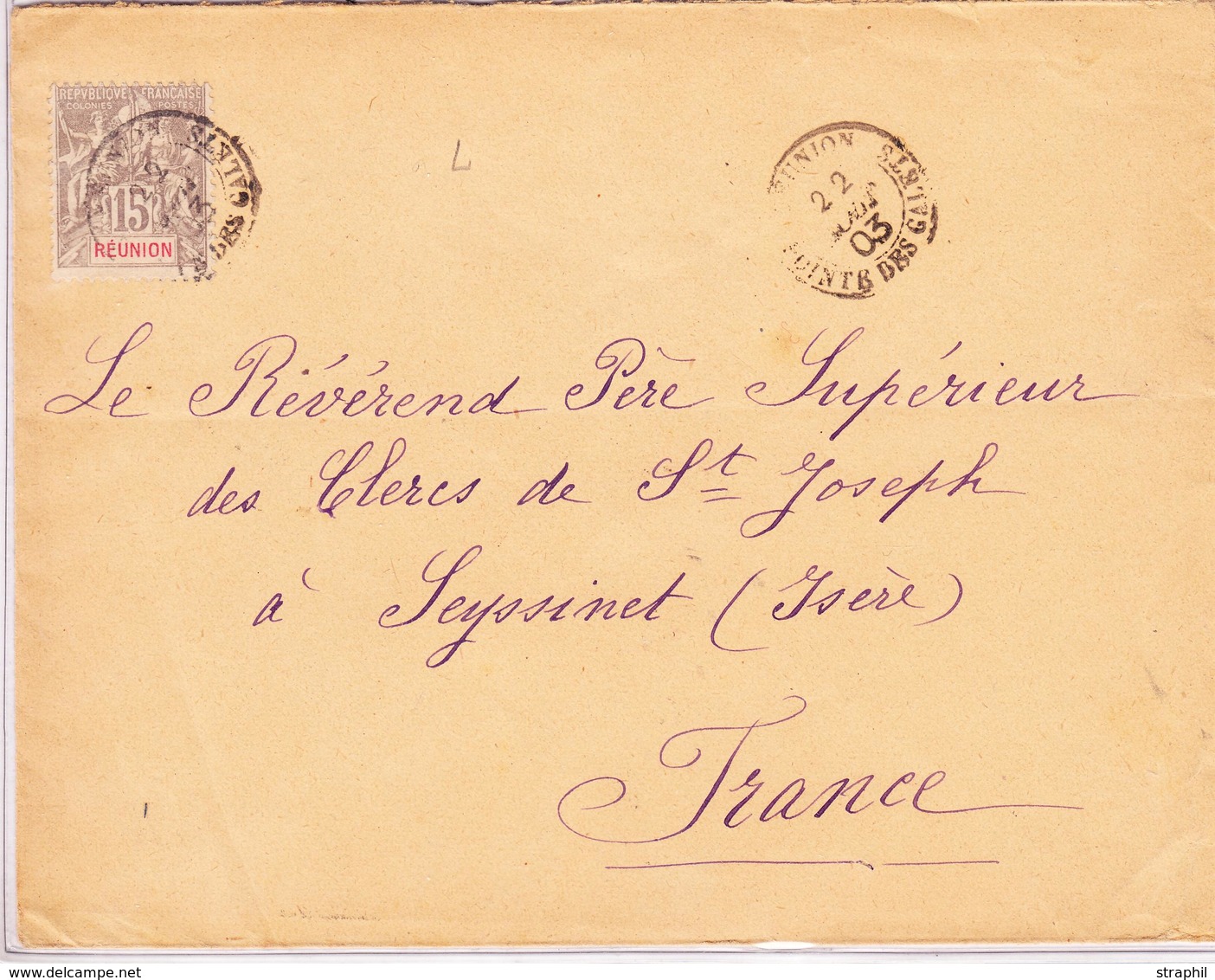 L REUNION  - L - N°48 - 15c Gris - Obl. Pointe Des Galets - REUNION - 22/08/1903 - Pr Seyssinet (Isère) - TB - Other & Unclassified
