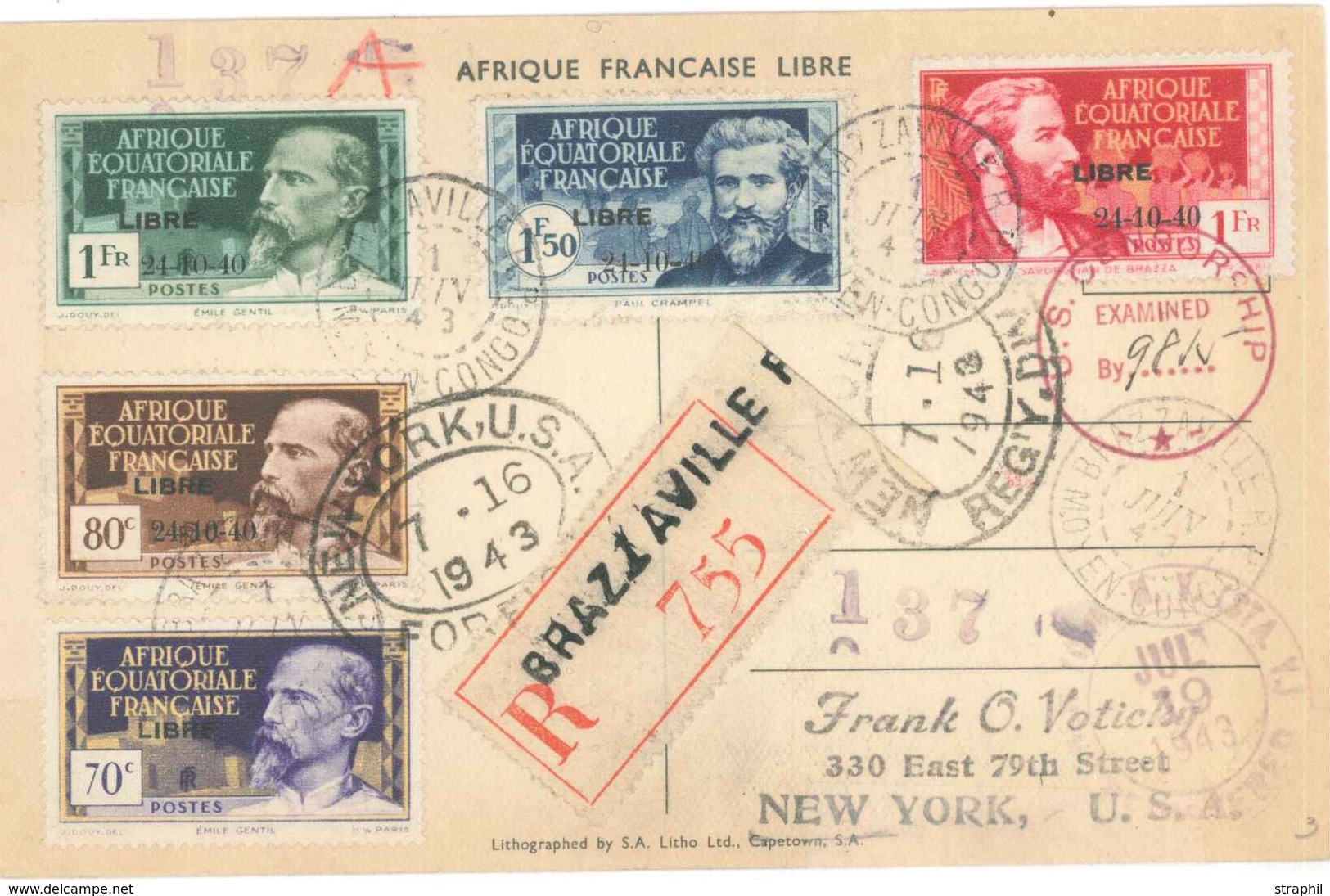 CP AFRIQUE EQUATORIALE FRANCAISE - CP - N°140A/D + N°111 - Obl. Brazzaville - 1 Juin 43 - S/carte "De Gaulle" - Rec. - P - Other & Unclassified