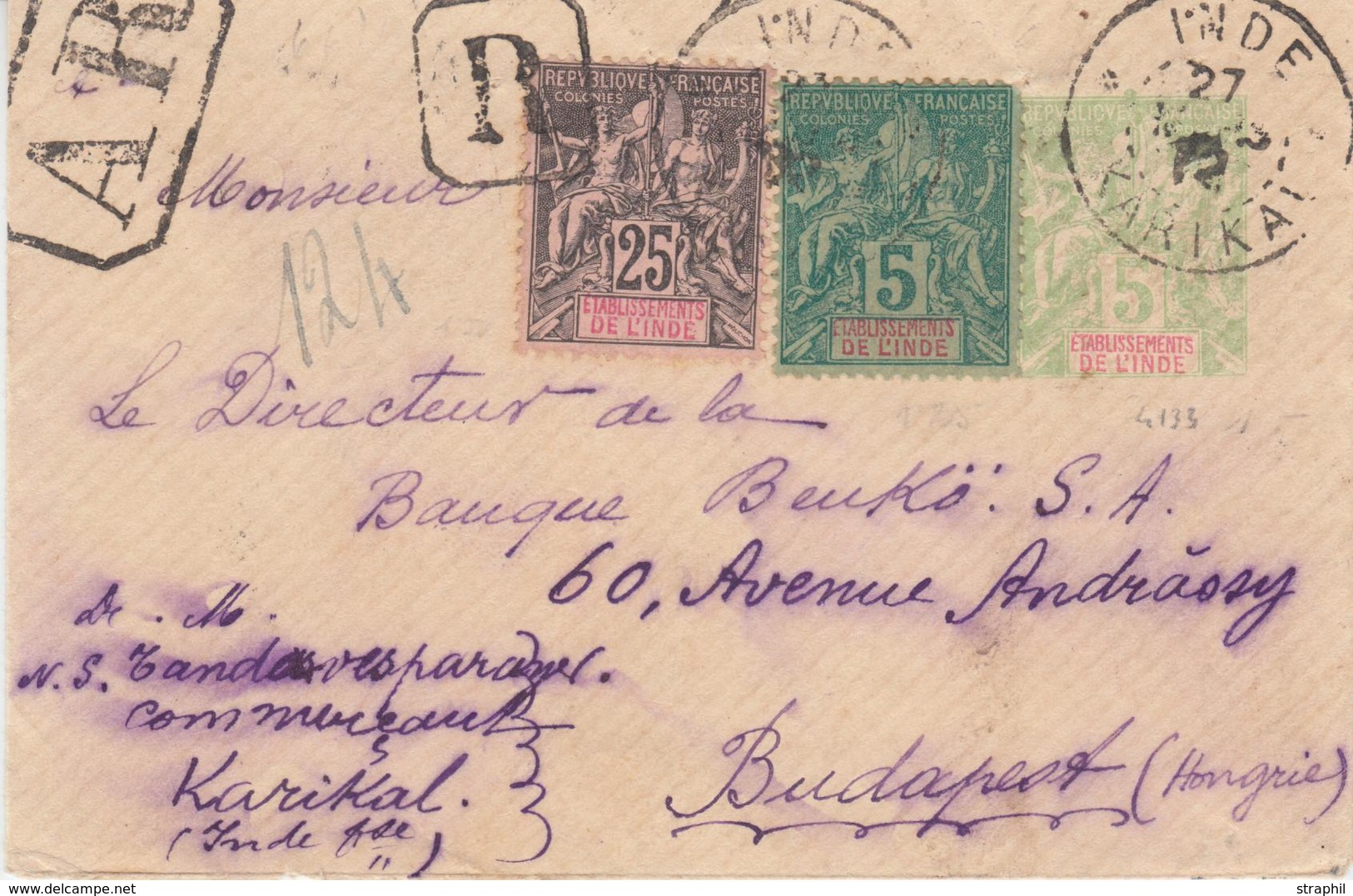 EP INDE FRANCAISE - EP - N°4, 8 - Obl KARIKAL - 27/3/1912 - S/recom. - Pr Budapest B/TB - Other & Unclassified