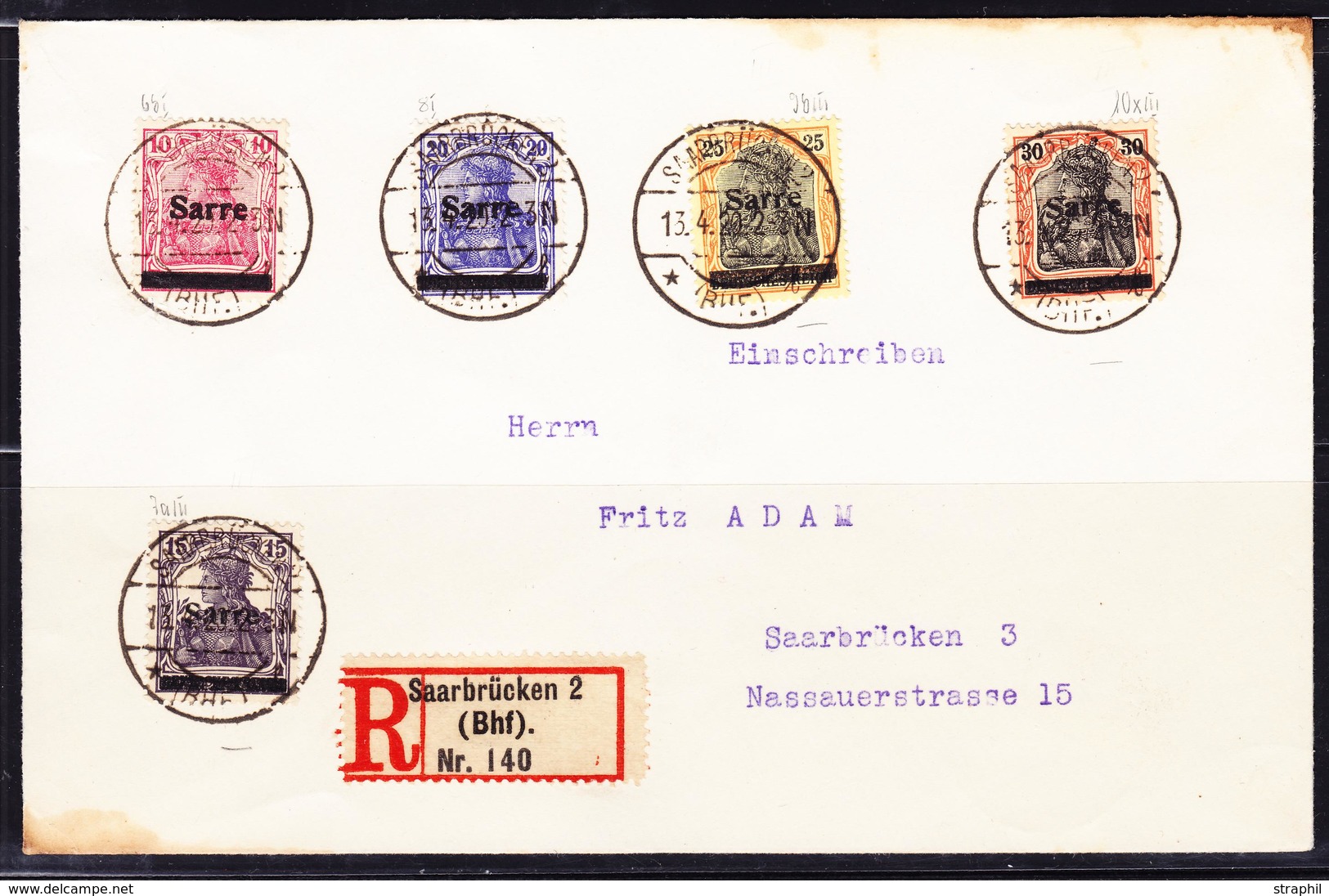 L SARRE  - L - N°6bI, 8I, 9bIII, 10XIII, 7aIII - S/rec - Saarbrücken 2 - Obl. 13/4/1920 - Avec Attest BURGER - B/TB - Autres & Non Classés