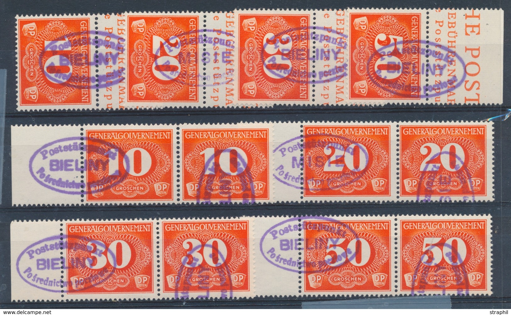 **/O POLOGNE - **/O - Gouvernement Général - Taxe N°1/4 Série + Paires Annulées Cachets Ovals "Bieliny" Et "Misie" - TB - Unused Stamps