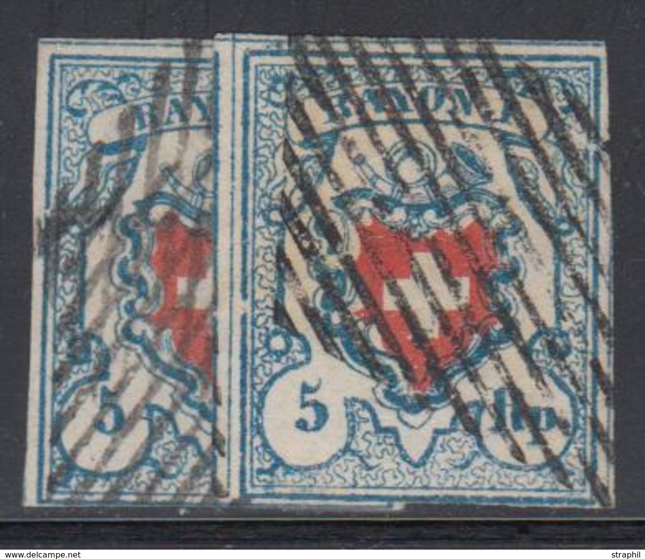 O SUISSE - Références SBK (N°YVERT-TELLIER) - O - N°17 II (N°20) X 2 Ex Obl Grille - Signé Brun - B/TB - 1843-1852 Federal & Cantonal Stamps