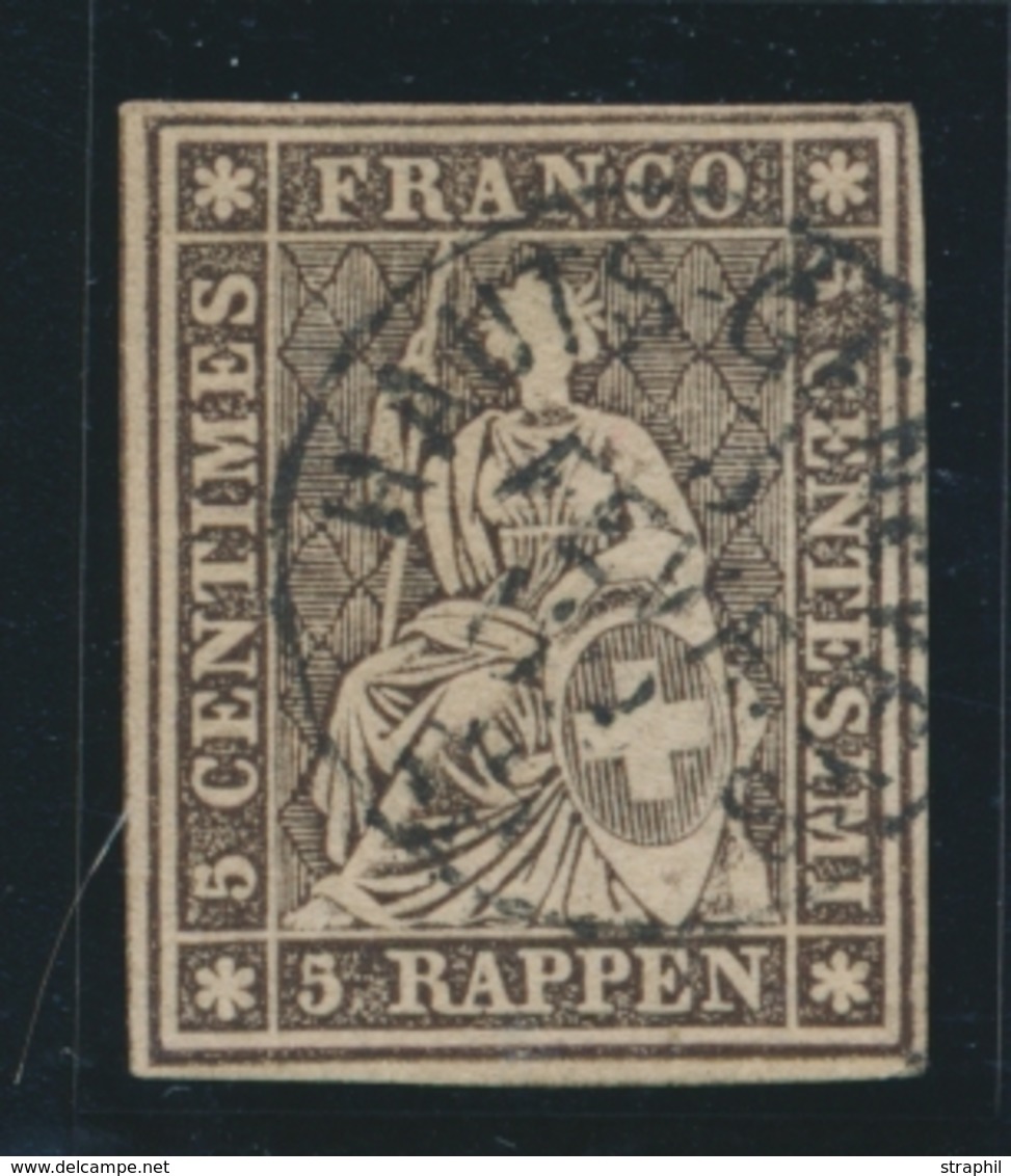 O SUISSE - Références SBK (N°YVERT-TELLIER) - O - N°22 B4g - 5r Brun Noir - Obl. Haut Geneveys - Signé Herrmann - Cote 4 - 1843-1852 Kantonalmarken Und Bundesmarken