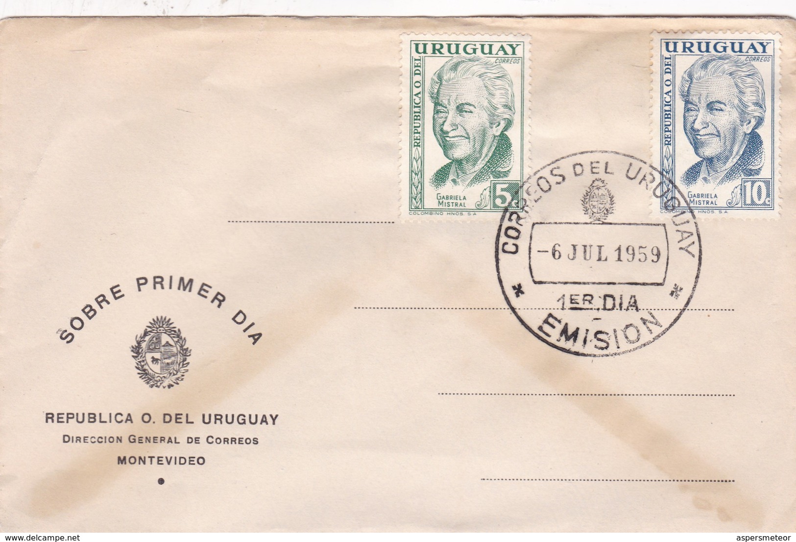 SOBRE PRIMER DIA FDC 1959. 2 COLOR STAMPS GABRIELA MISTRAL- BLEUP - Uruguay