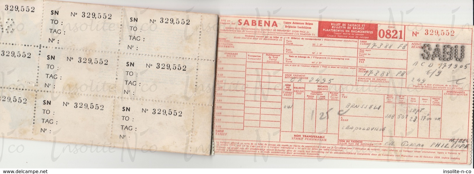 Ticket Sabena Billet De Voyage Bruxelles - Léopoldville Congo Belge 1958 - Biglietti