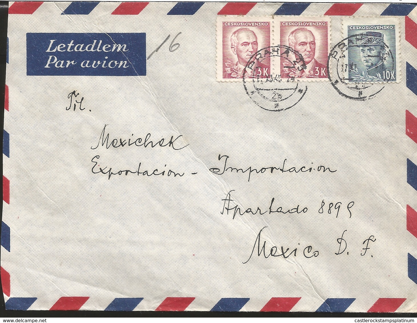 L) 1949 CZECHOSLOVAKIA, EDVARD BENES, 3K, RED, MILAN STEFANIK, 10K, BLUE, AIRMAIL, CIRCULATED COVER FROM CZECHOSLOVAKIA - Other & Unclassified