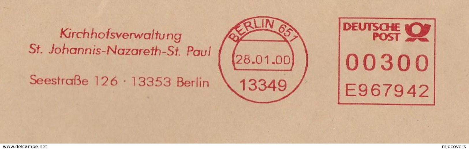 2000 COVER Berlin ST JOHNNIS NAZARETH ST PAUL CEMETERY Administration METER SLOGAN Stamps Religion Germany - Christianity
