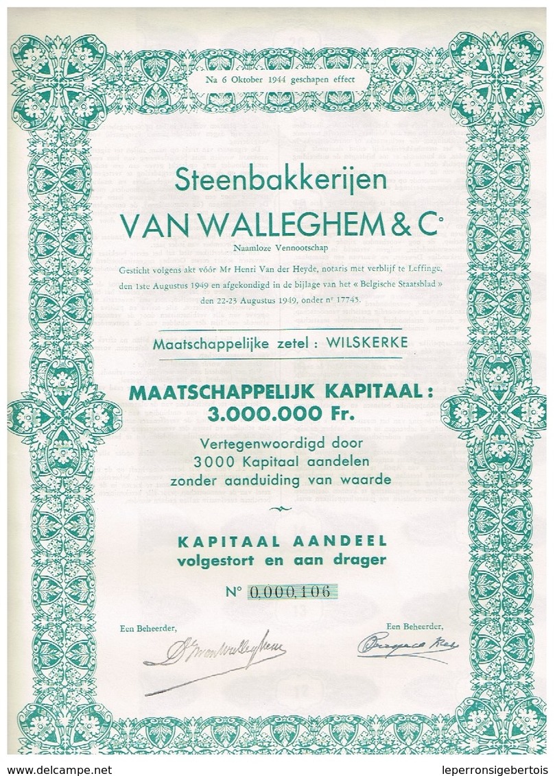 Ancienne Action - Steebakkerijen Van Walleghem & Co - Titre De 1949 - Industrie