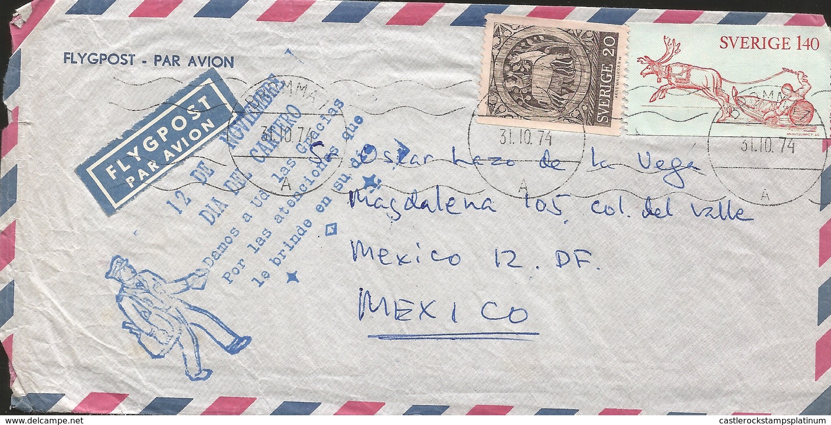 L) 1974 SWEDEN, RENOS AND SLIDES, ANIMALS, BLACK AND WHITE 20C, MAILMAN DAY, CIRCULATED COVER FROM SWEDEN TO MEXICO - Covers & Documents