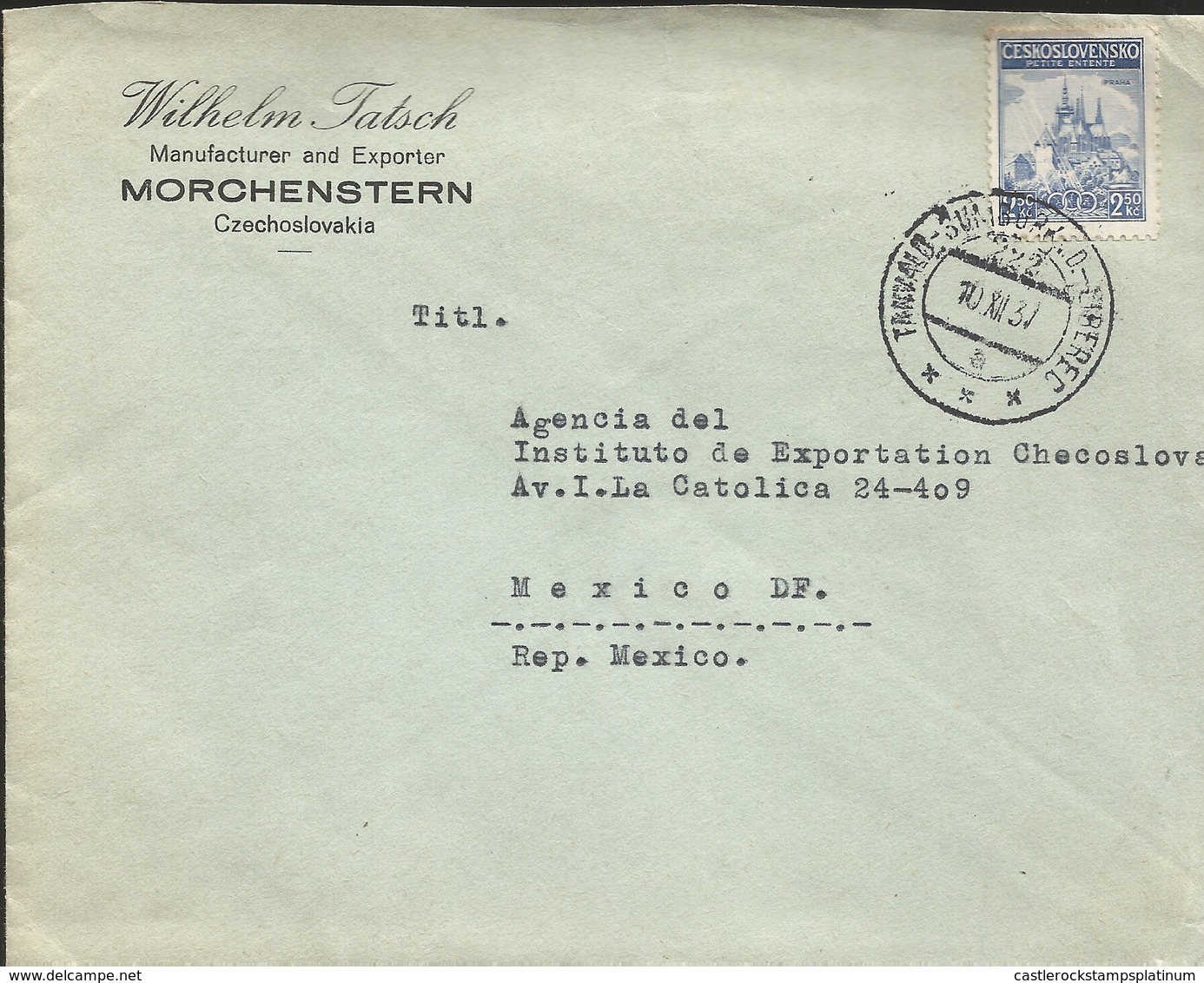 L) 1937 CZECHOSLOVAKIA, SMALL AGREEMENT, BLUE, ARCHITECTURE, PRAGUE, 2.50KC, OLYMPIC, CIRCULATED COVER FROM CZECHOSLOVAK - Other & Unclassified