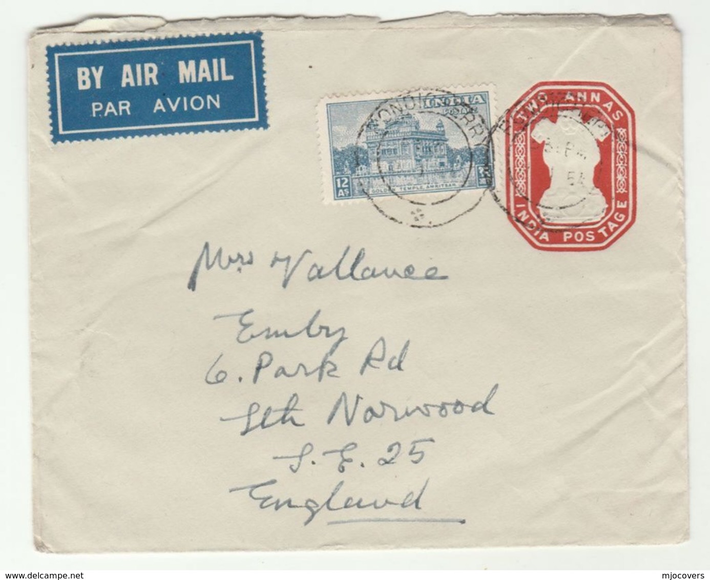 1954 Air Mail INDIA 12a Stamps On UPRATED 2a  POSTAL STATIONERY COVER To GB  Airmail Label - Enveloppes