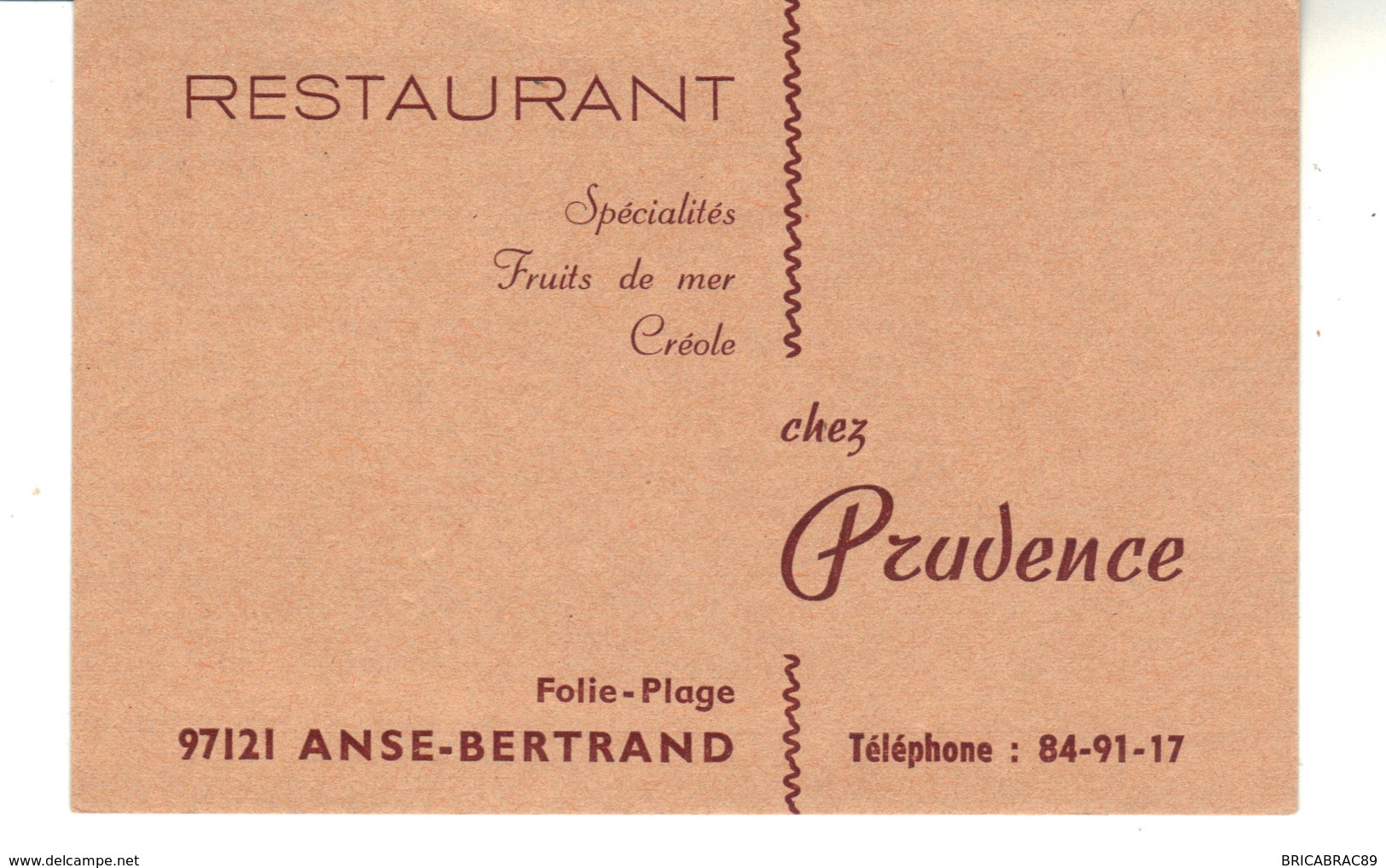 Carte De Visite  Restaurant  97121 Anse-Bertrand  Folie Plage   Chez Prudence - Visiting Cards