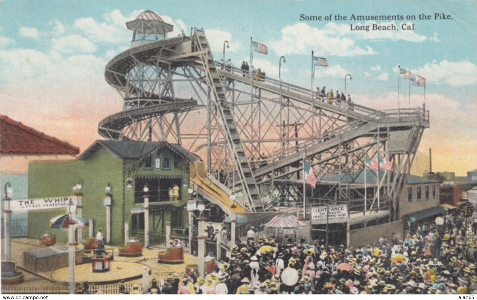 Long Beach California, Amusement Rides On 'The Pike', C1920s Vintage Postcard - Long Beach