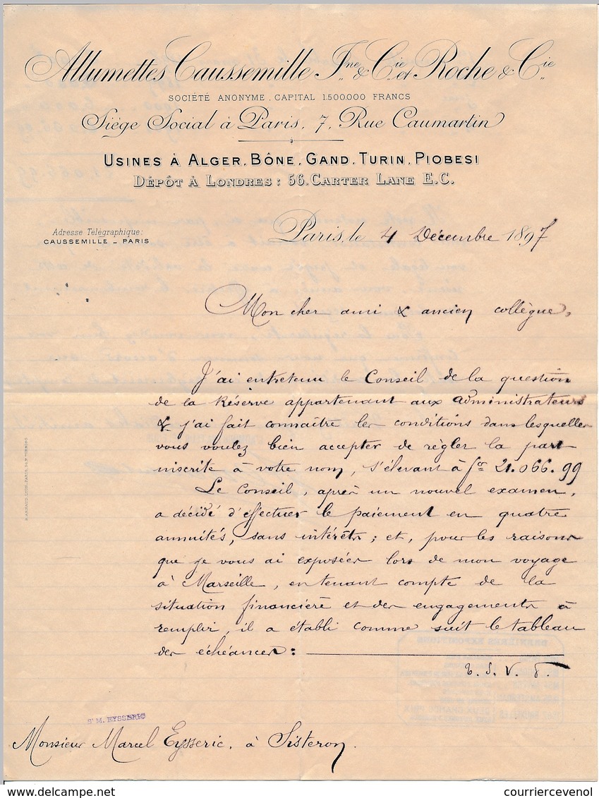 FRANCE - En-tête De Lettre "Allumettes Caussemille Et Roche Cie" Paris 7 Rue Caumartin - 1897 - Manuscrite - 1800 – 1899