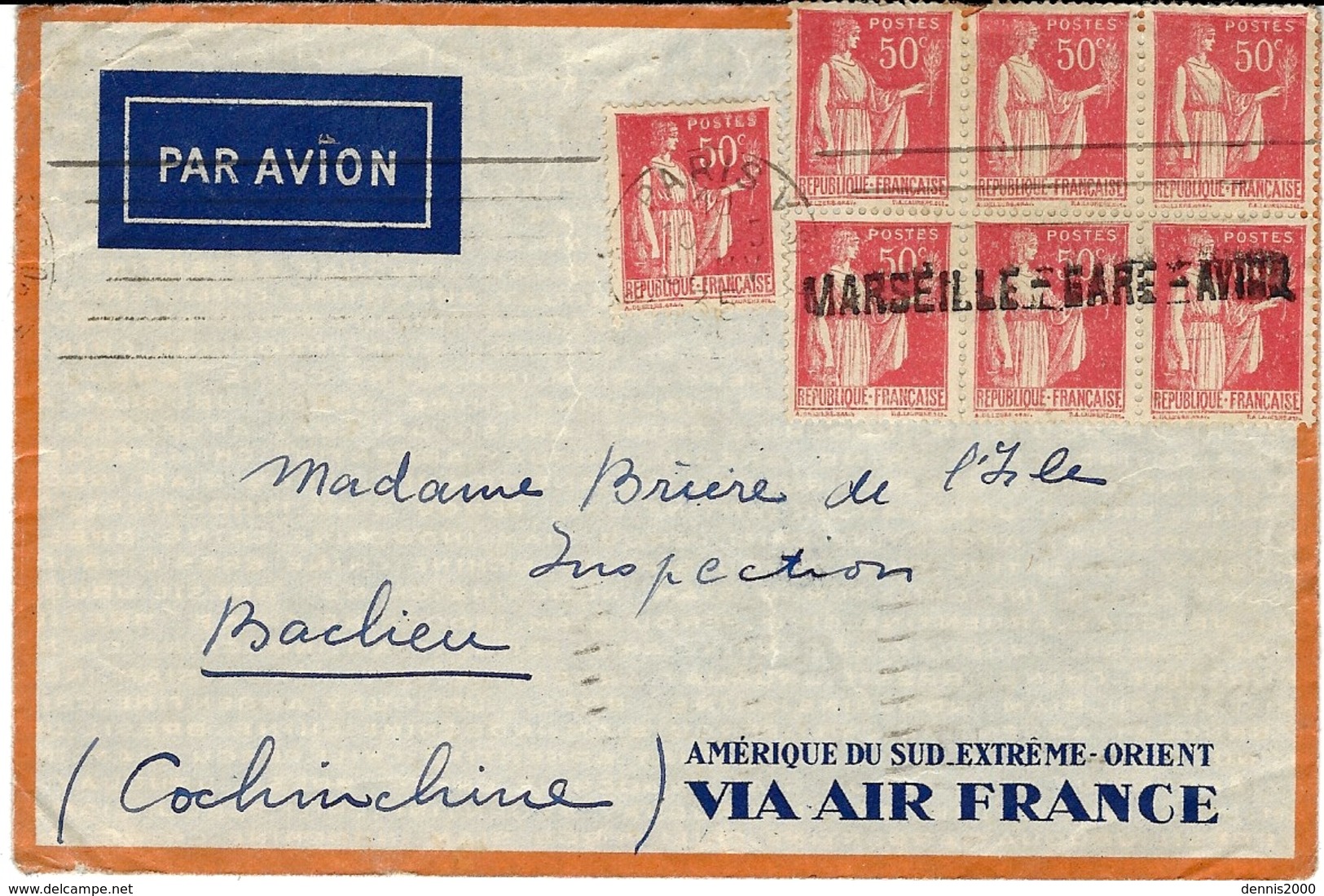 1935- Enveloppe Par Avion De Paris Pour Baclieu ( Cochinchine) Affr. PAIX N°283 X 7 - 1921-1960: Période Moderne