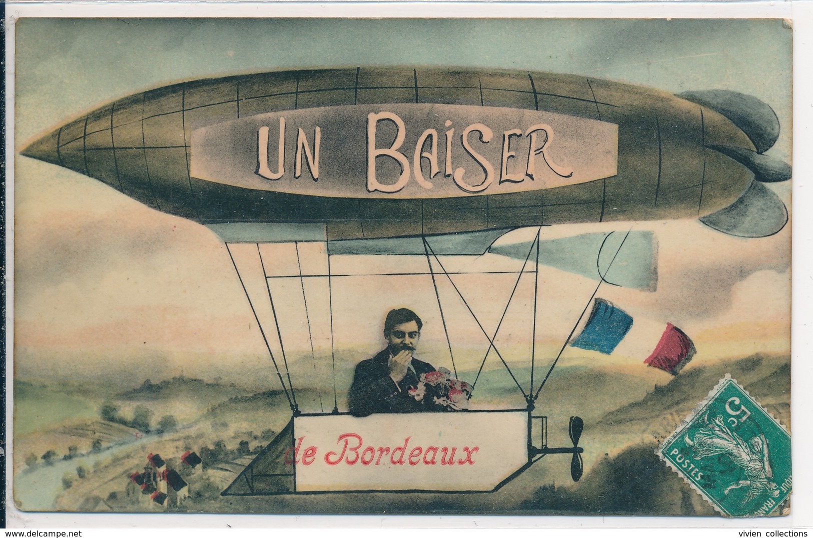 Carte Fantaisie Un Baiser De Bordeaux - Ballon - Oblitération Gare De Saint Mariens (33 Gironde) Cachet Recto/verso 1910 - Gruss Aus.../ Gruesse Aus...