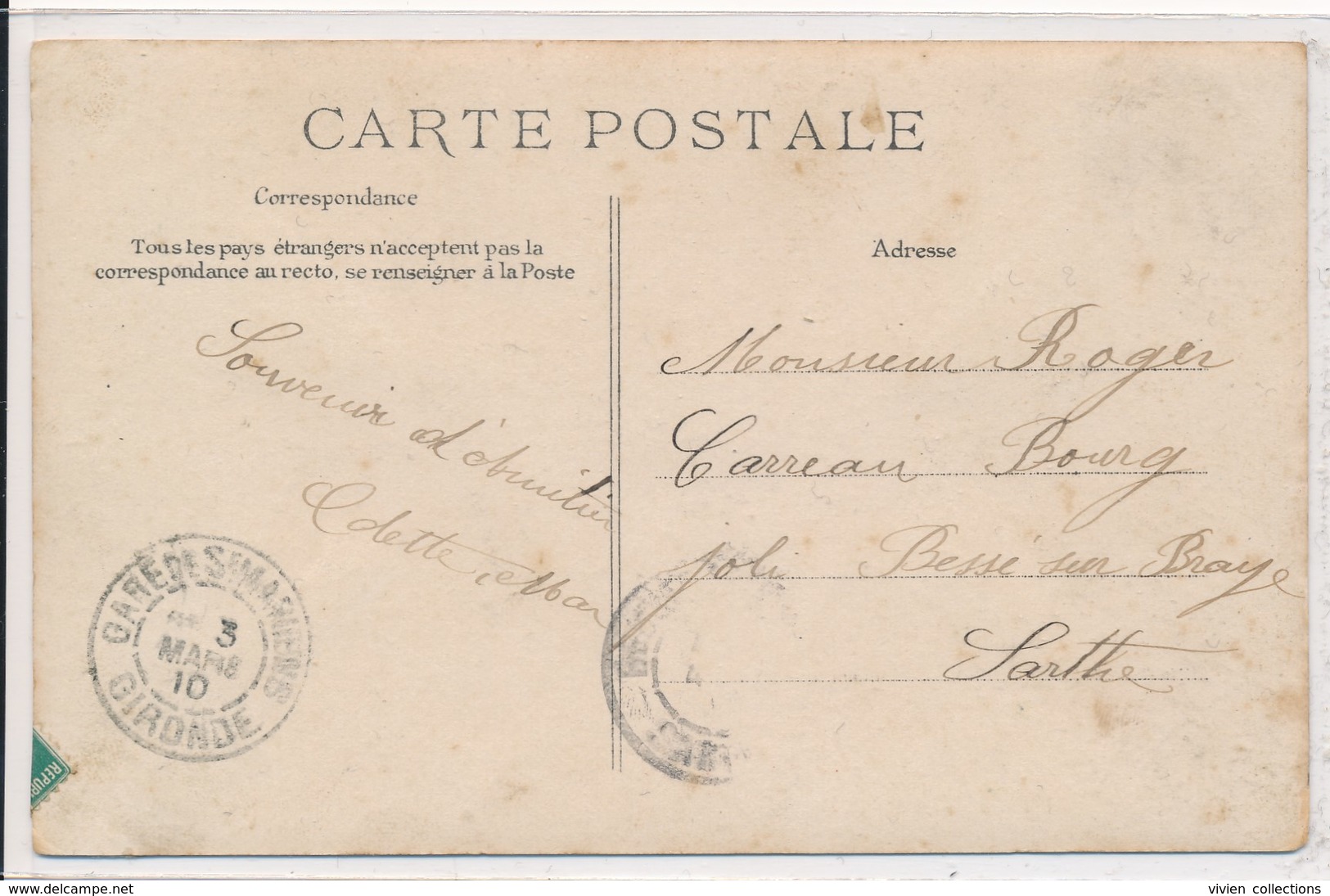 Carte Fantaisie Un Baiser De Bordeaux - Ballon - Oblitération Gare De Saint Mariens (33 Gironde) Cachet Recto/verso 1910 - Souvenir De...