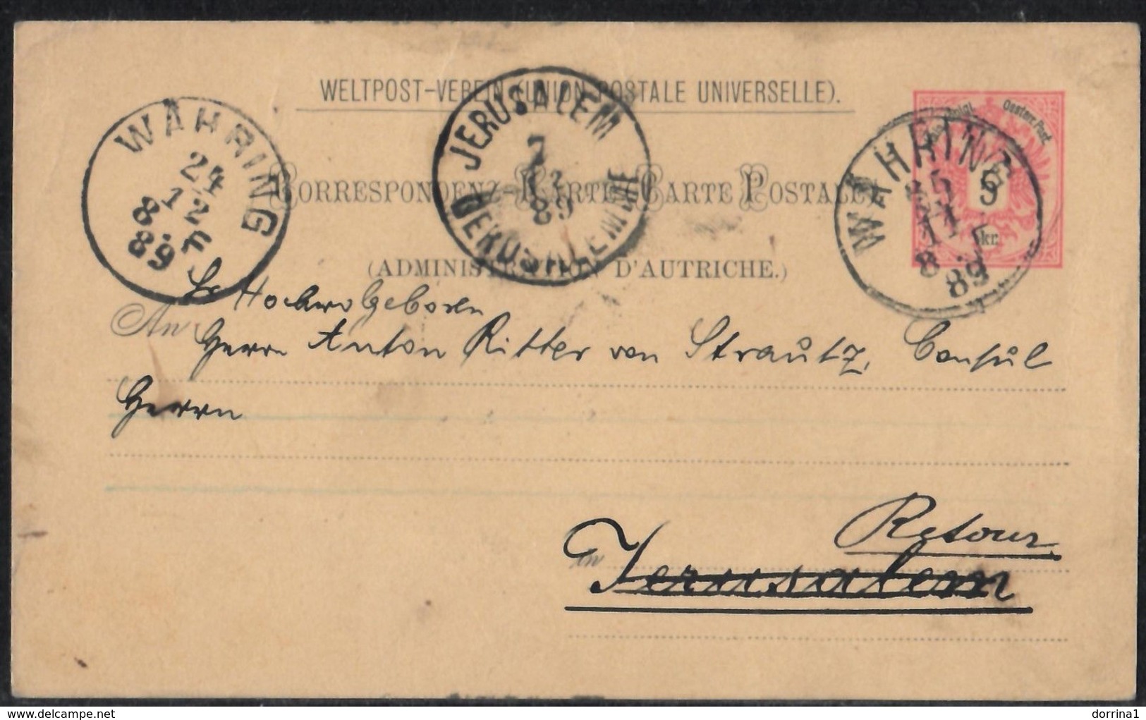 Austria Wien PC To Jerusalem Palestine Israel 1889 Return Refuse - Österreich - Levante-Marken