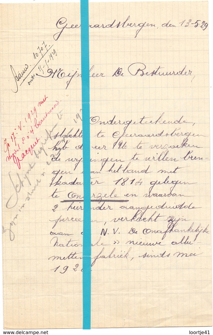 Brief Lettre - Slachter Pierre De Bodt - Geraardsbergen - Grammont  Naar Kadaster  - 1929 - Zonder Classificatie