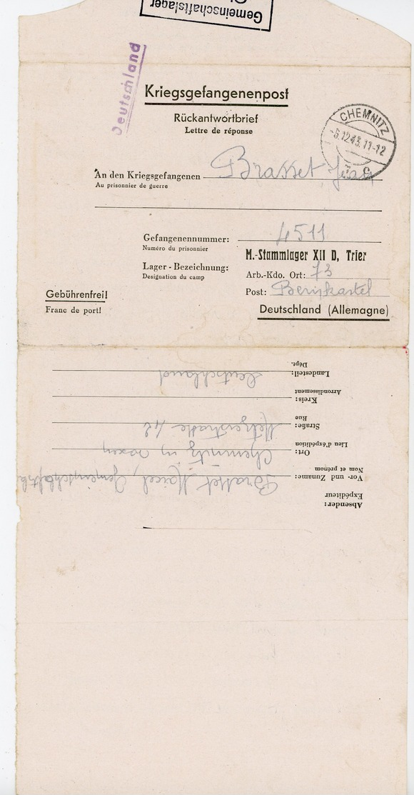 CLFM PRISONNIER GUERRE 1943 CHEMNITZ STALAG XIID TREVE TRIER CHEMNITZ DETACHEMENT - 1921-1960: Moderne