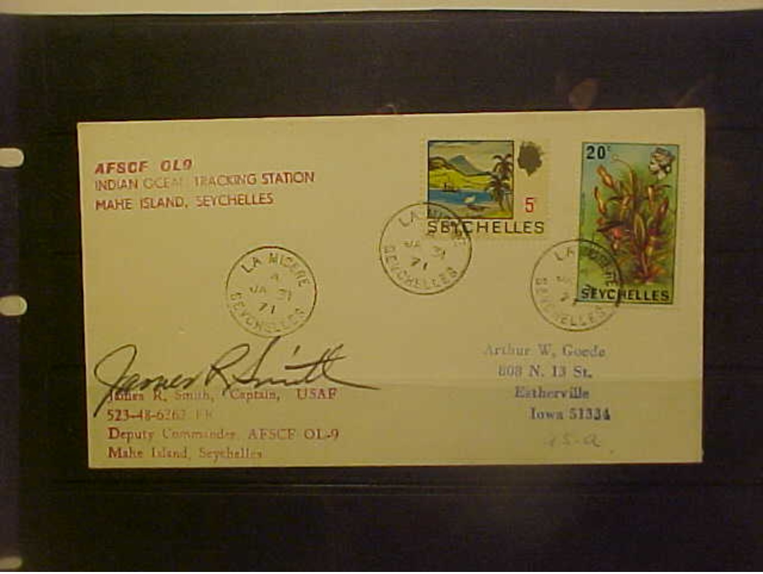 Seychelles  1971  Cover Indian Ocean Tracking  Station Mehe Ils. Signed By James R. Smith Captain USAF - Seychelles (1976-...)