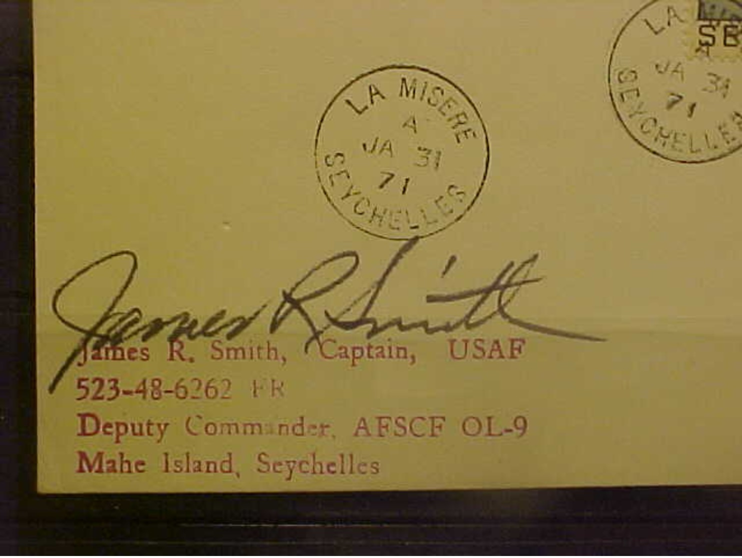 Seychelles  1971  Cover Indian Ocean Tracking  Station Mehe Ils. Signed By James R. Smith Captain USAF - Seychelles (1976-...)