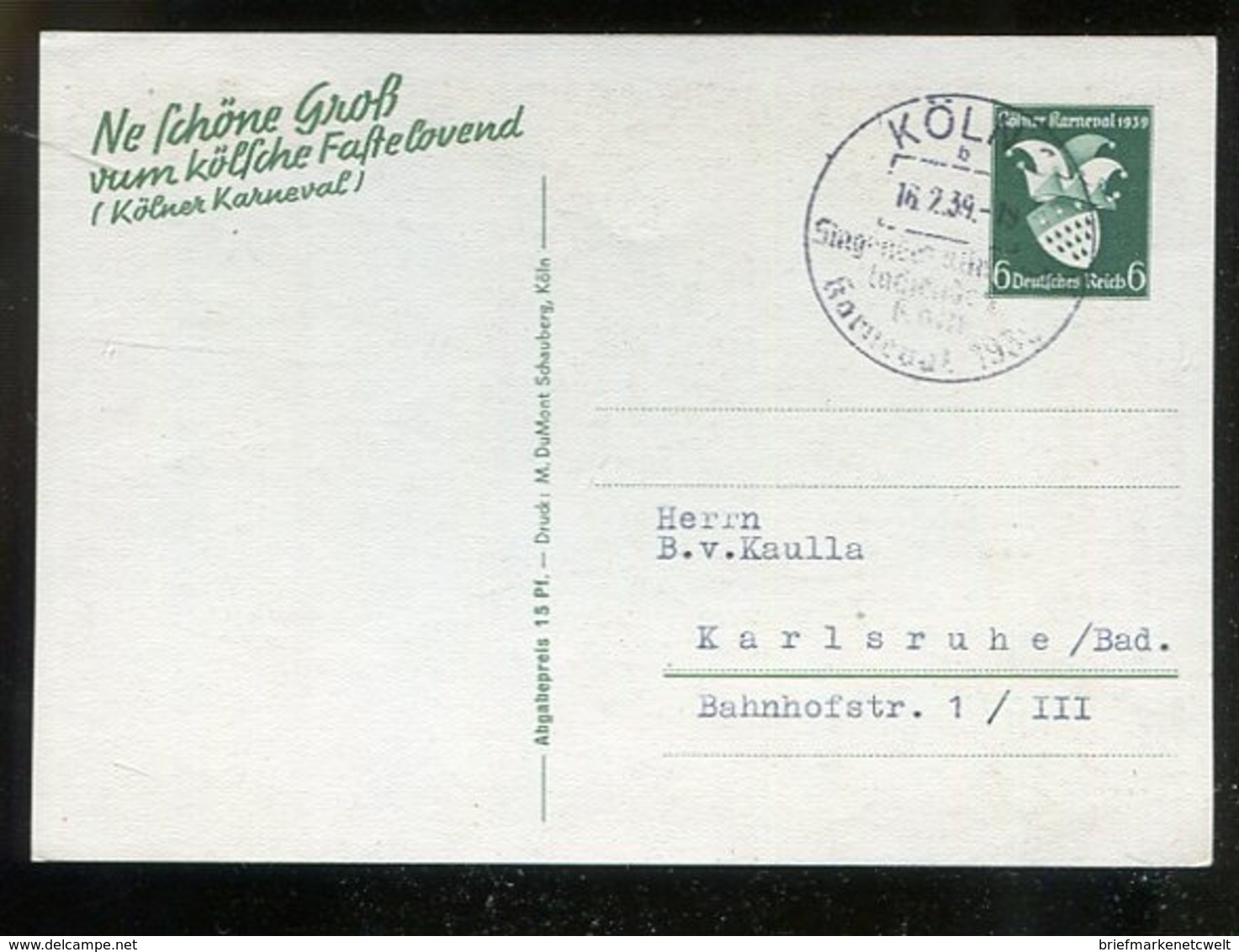 Deutsches Reich / 1938 / Postkarte Mi. 276 SSt. Koeln "Karneval" (1/278) - Sonstige & Ohne Zuordnung