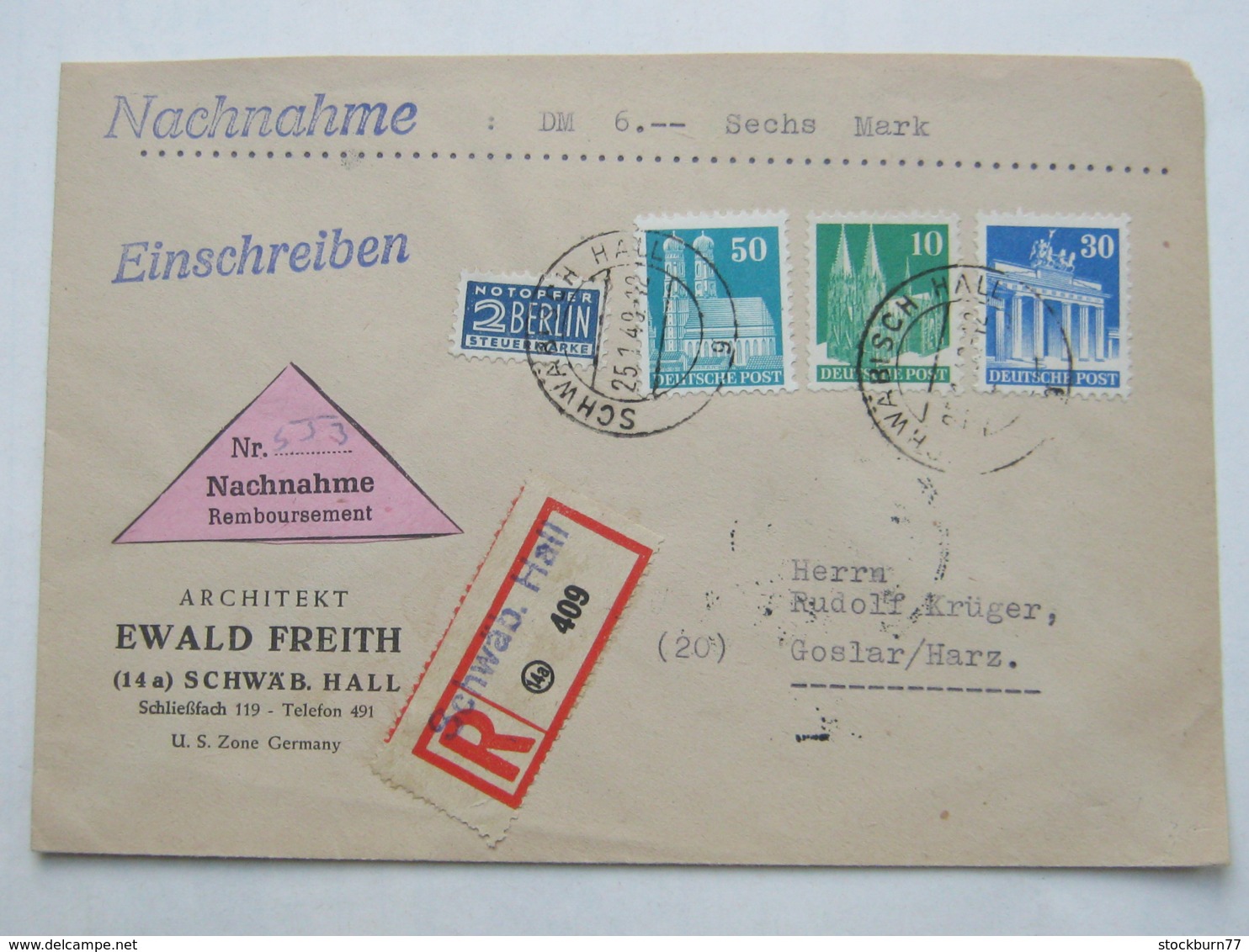 1949 , SCHWÄBISCH HALL , NN - Einschreiben, Rs. Ankunftstempel - Sonstige & Ohne Zuordnung