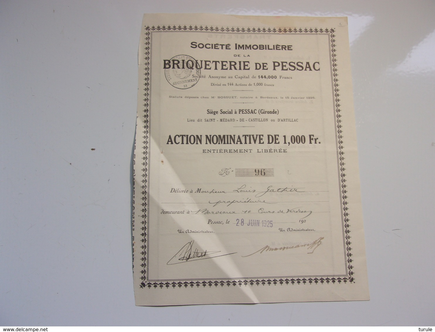 Immobilière De La BRIQUETERIE DE PESSAC (seulement 144 Titres) GIRONDE - Other & Unclassified