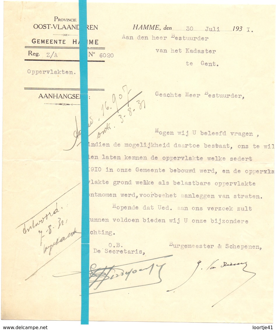 Brief Lettre - Gemeente Hamme - Naar Kadaster 1931 - Non Classés
