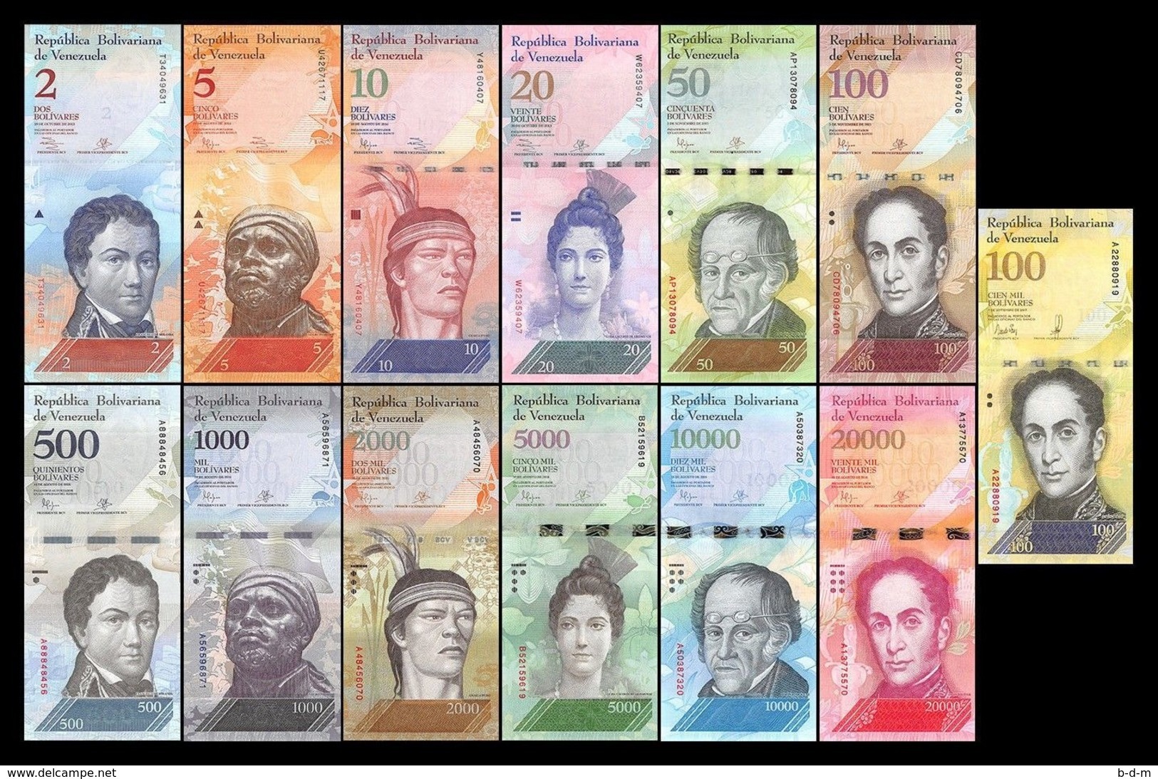 Venezuela Full Set 2 5 10 20 50 100 500 1000 2000 5000 10000 20000 100000 Bolívares 2007-2017 Pick New SC UNC - Venezuela