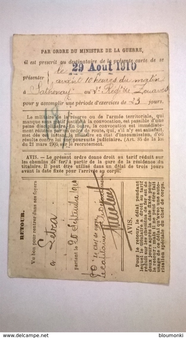 Feuillet Postal / Correspondance Militaire / Ordre D'appel Sous Les Drapeaux 1910 - Guerra 1914-18