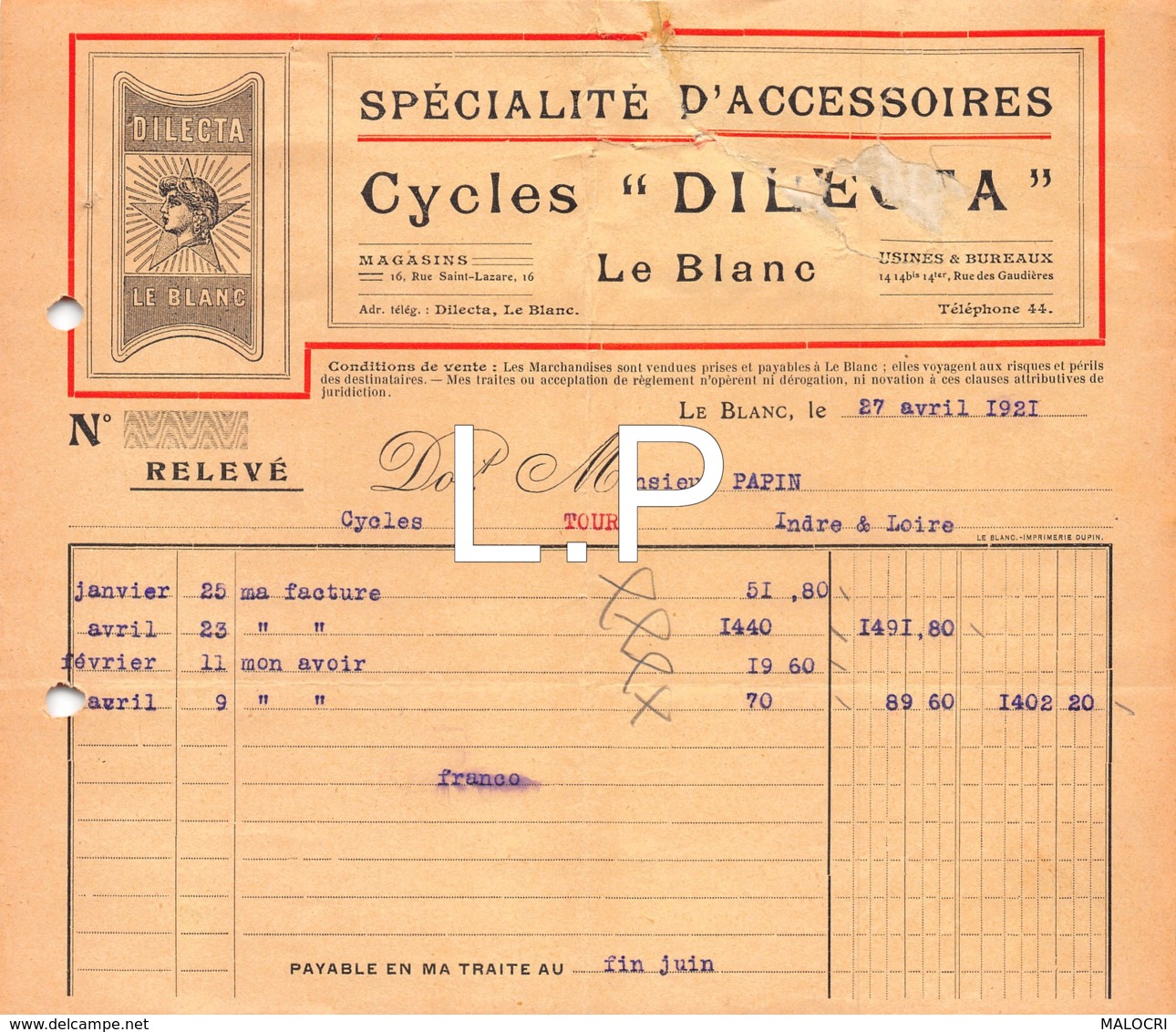 16-1113    1921   SPECIALITE D ACCESSOIRES CYCLES DILECTA A LE BLANC - M. PAPIN A TOURS - 1900 – 1949