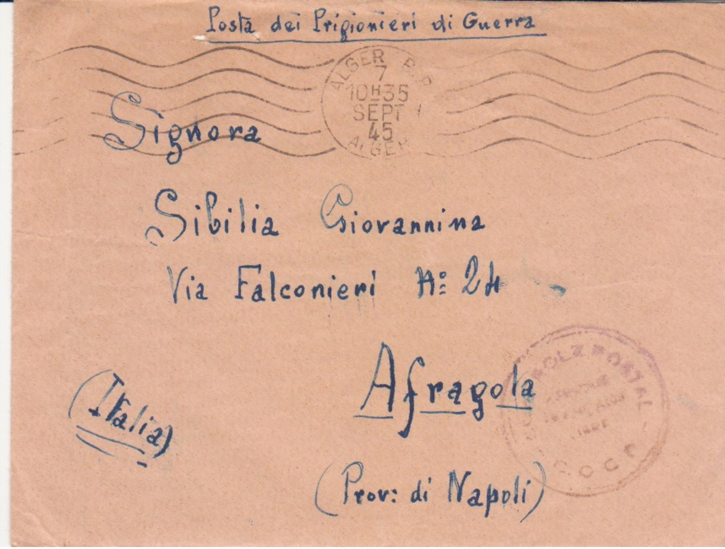 1945 P.O.W CAMPOMEDIOCONGO BRAZZAVILLE Manoscritto Al Verso Di Busta (7.9) Da Prigioniero Di Guerra Italiano In Congo - Storia Postale