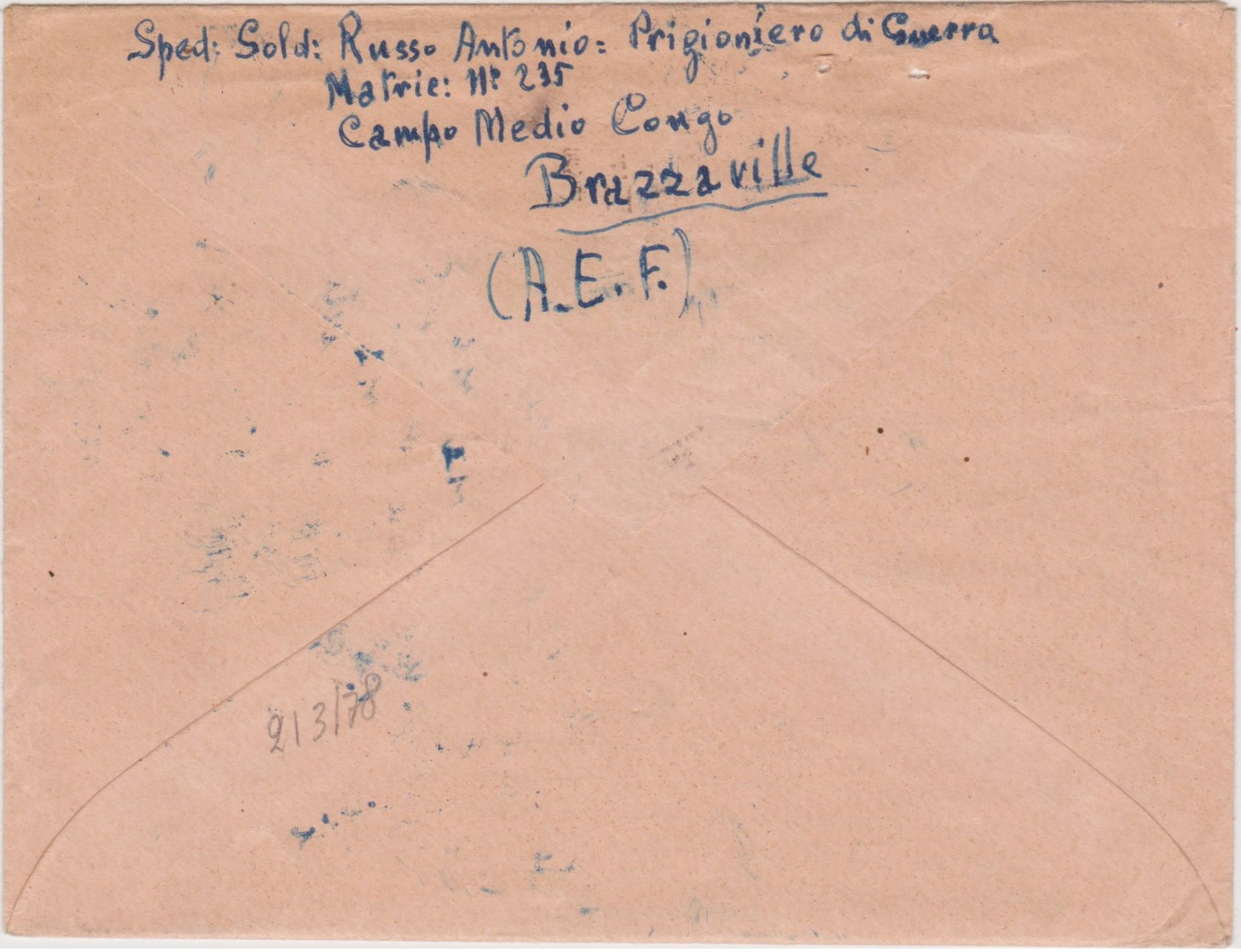 1945 P.O.W CAMPOMEDIOCONGO BRAZZAVILLE Manoscritto Al Verso Di Busta (7.9) Da Prigioniero Di Guerra Italiano In Congo - Storia Postale