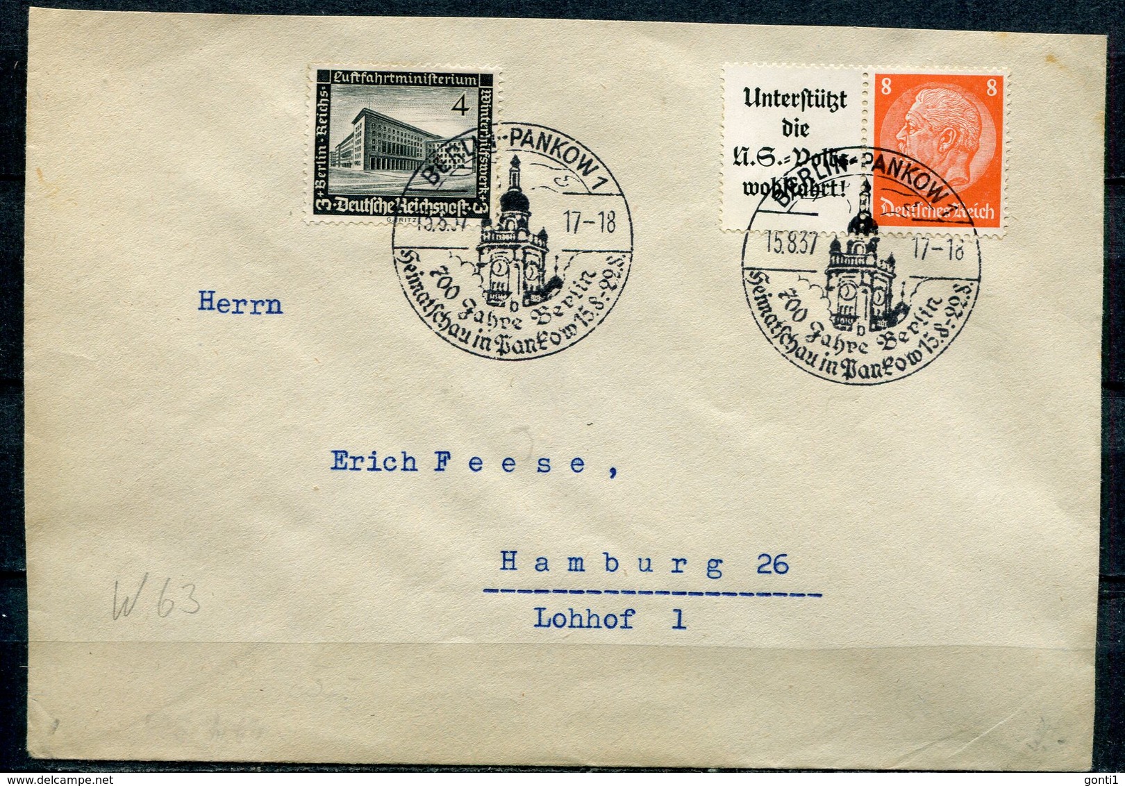 German Empires 1937 Bedarfsbrief/Cover Mit Mi.Nr.A 8 A/W63 Zdr.u.SST."Berlin Pankow1-700 Jahre Berlin,Werbeschau"1 Beleg - Storia Postale