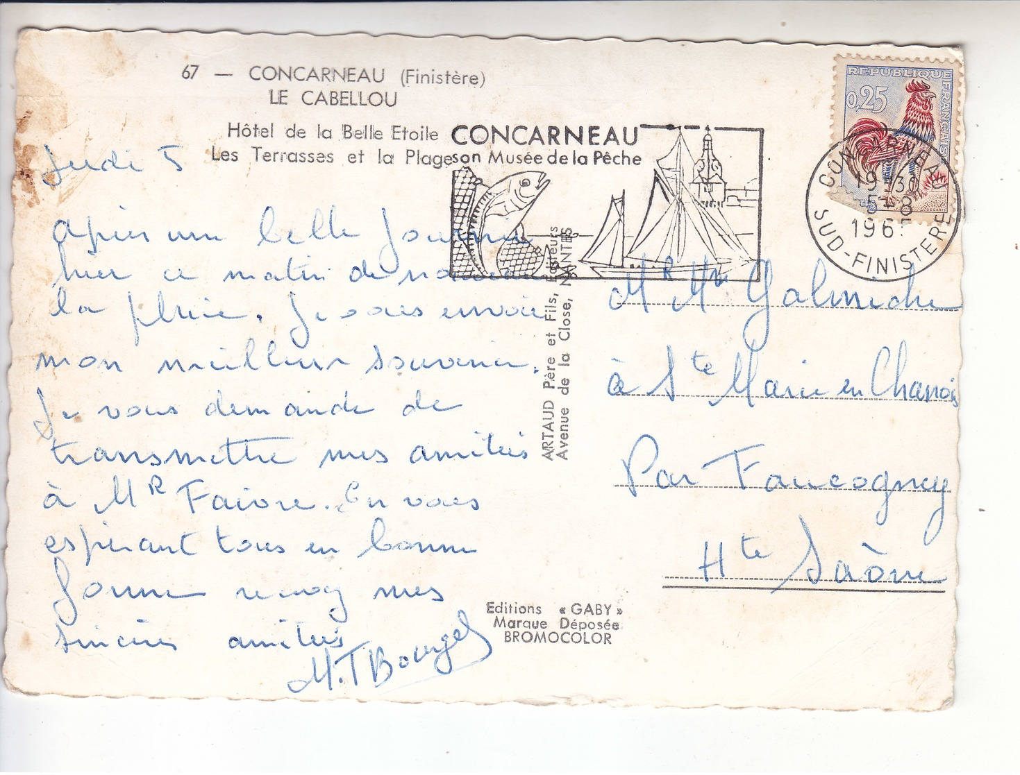 Sp- 29 - CONCARNEAU - LE CABELLOU - Hotel De La Belle Etoile - Les Terrasses - La Plage - Timbre - Cachet - 1965 - Concarneau