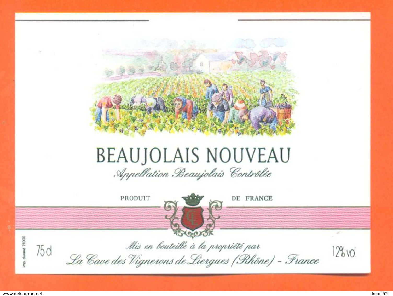 étiquette Vin Beaujolais Nouveau La Cave Des Vignerons à Liergues - 75 Cl - Beaujolais