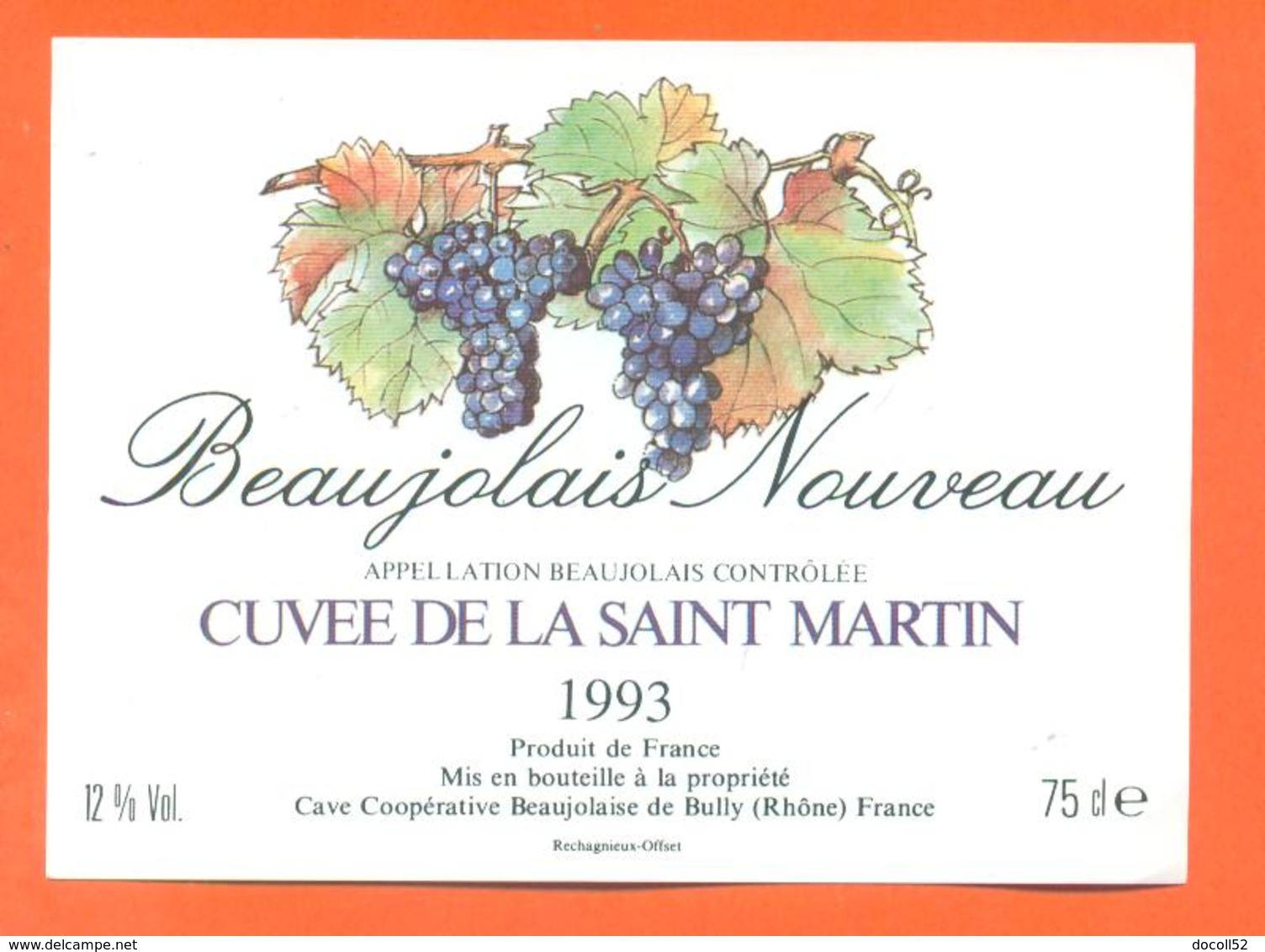 étiquette Vin Beaujolais Nouveau Cuvée De La Saint Martin 1993 Caves à Bully - 75 Cl - Beaujolais