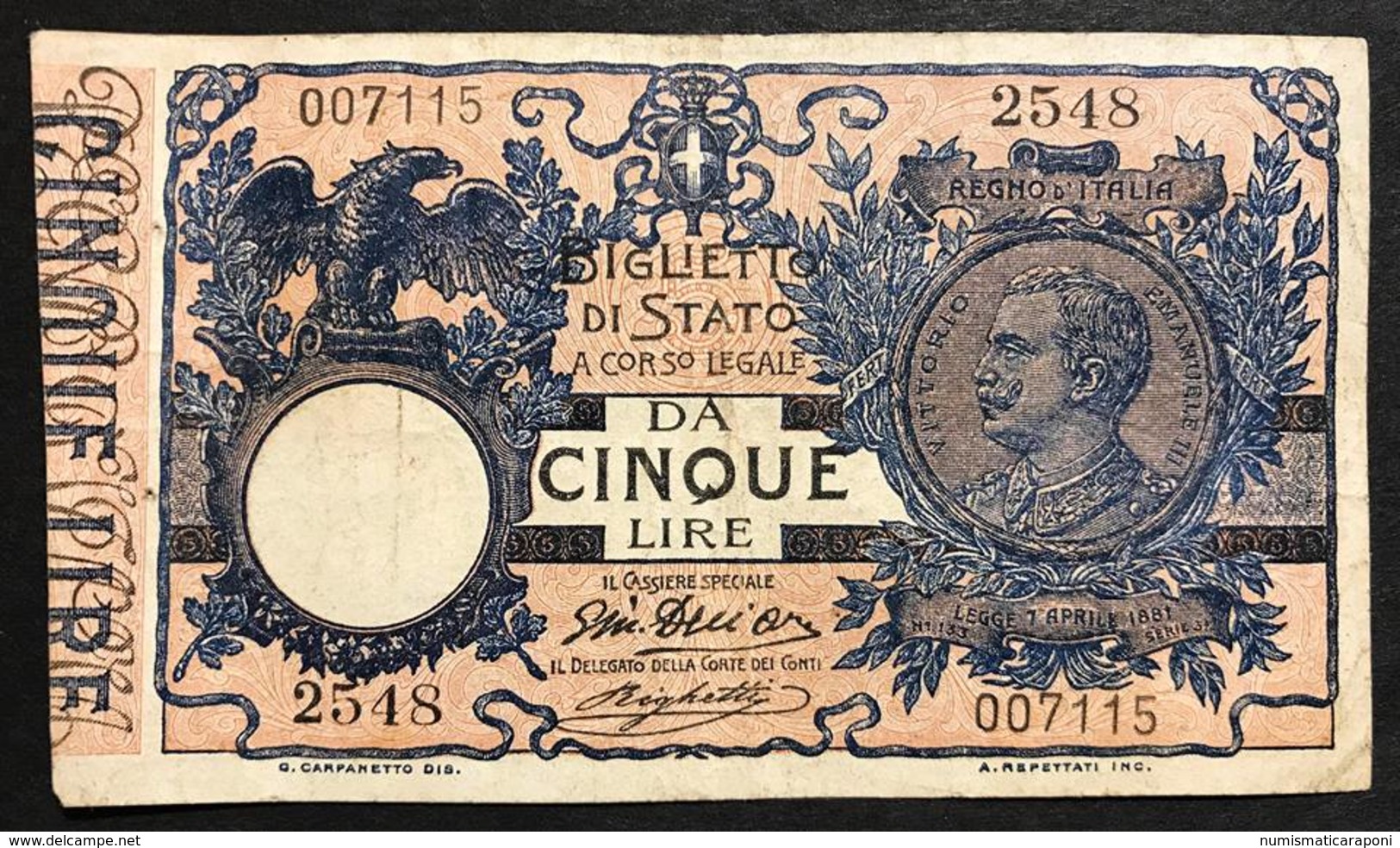 5 LIRE Vittorio Emanuele III° 17 06 1915 Bel Bb LOTTO 573 - Italia – 5 Lire