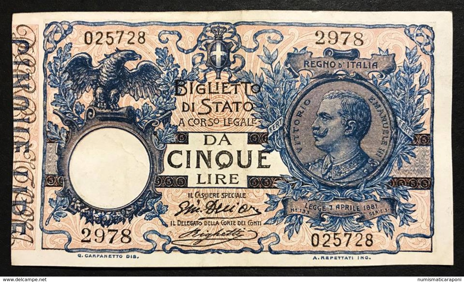 5 LIRE Vittorio Emanuele III° 17 06 1915 Bel Bb+ LOTTO 591 - Italia – 5 Lire