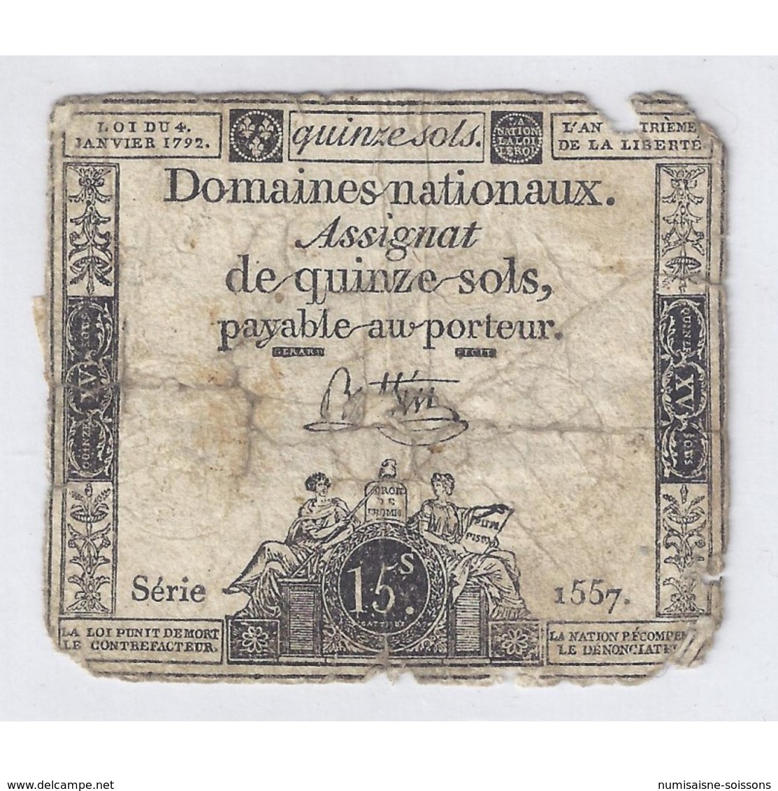 ASSIGNAT DE 15 SOLS - SERIE 1557 - 04/01/1792 - B - Assignats & Mandats Territoriaux