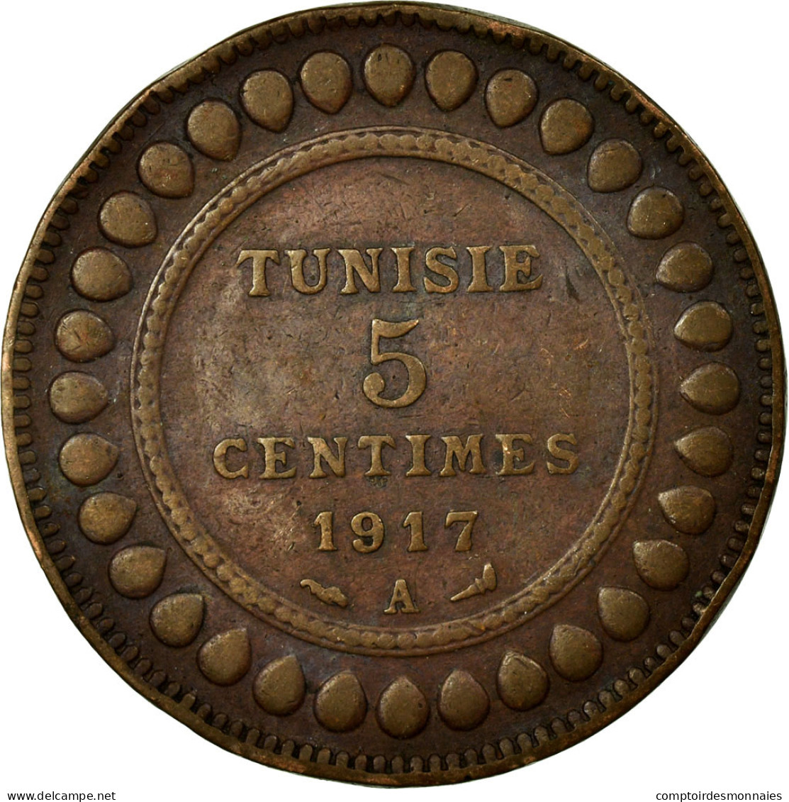 Monnaie, Tunisie, Muhammad Al-Nasir Bey, 5 Centimes, 1917, Paris, TB+, Bronze - Tunisie