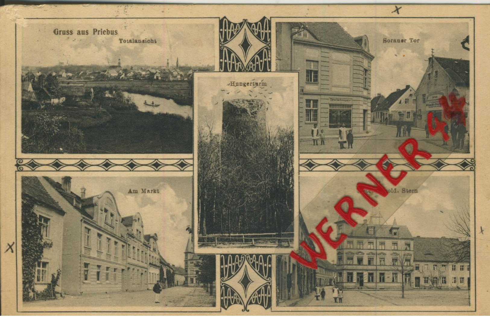Priebus = Przewóz V. 1912 Totalansicht,Borauer Tor,Am Markt,Hotel Zum Goldenen Stern,Hungerturm  (50664) - Schlesien