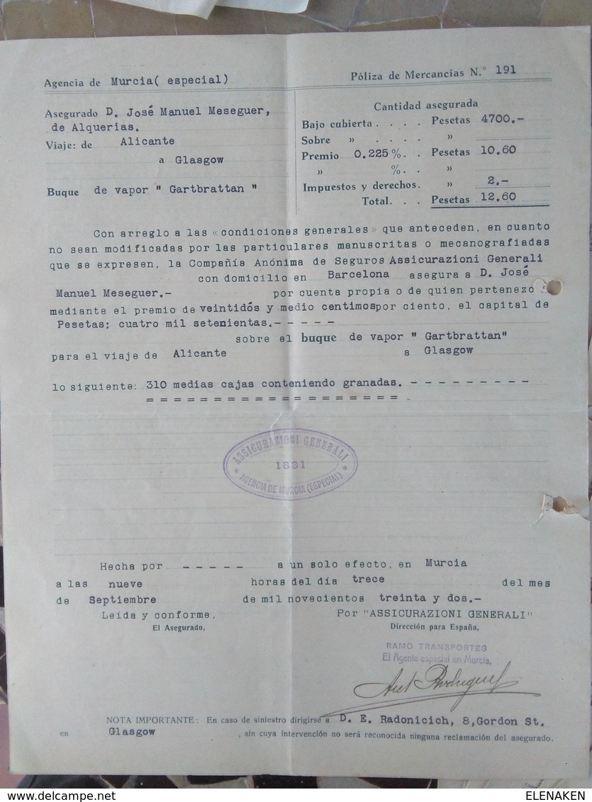 Q335B-ACUMULACION DOCUMENTOS AÑOS 1930 BARCOS BUQUES CARTAGENA EXPORTACION GRANADAS CARTAGENA MURCIA A HAMBURGO EN INGLA - Espagne