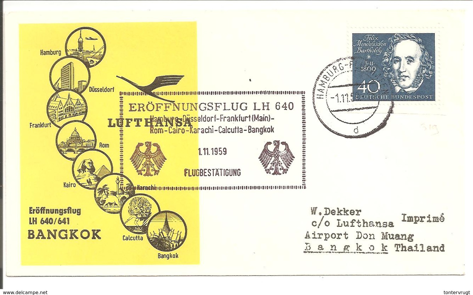 Eröffnungsflug LH640 Bangkok.Medelssohn Bartholdy 40Pf - Briefe U. Dokumente